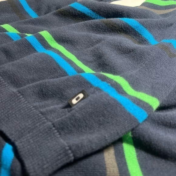 Oakley Slim Fit Mens‎ Sweater Large Black Blue Grey & Green Striped Knit Cotton - Picture 5 of 5